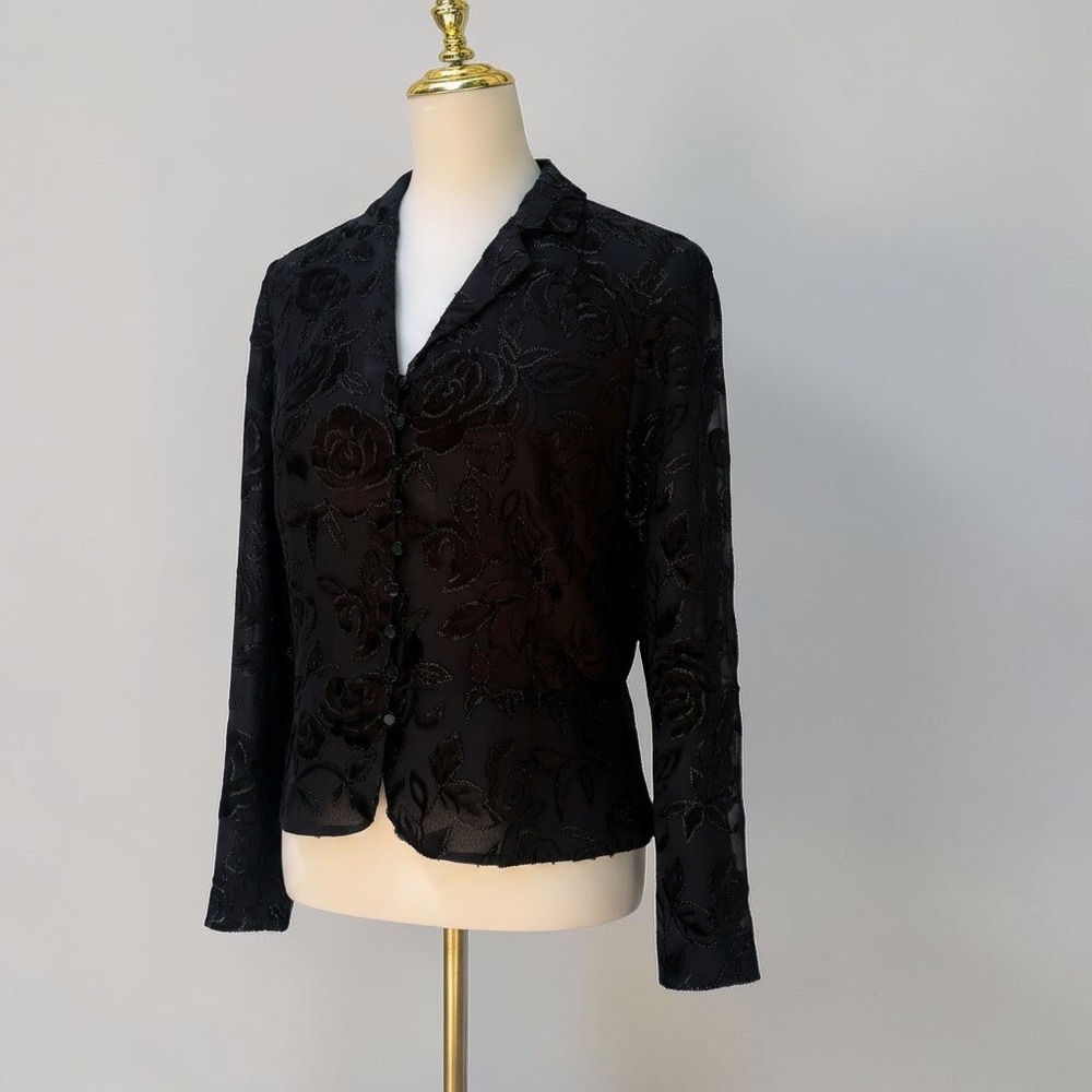 Talbots Floral Blouse 8 Black Sheer Velvet Burnout Glitter Rose Top Jacket Vampy